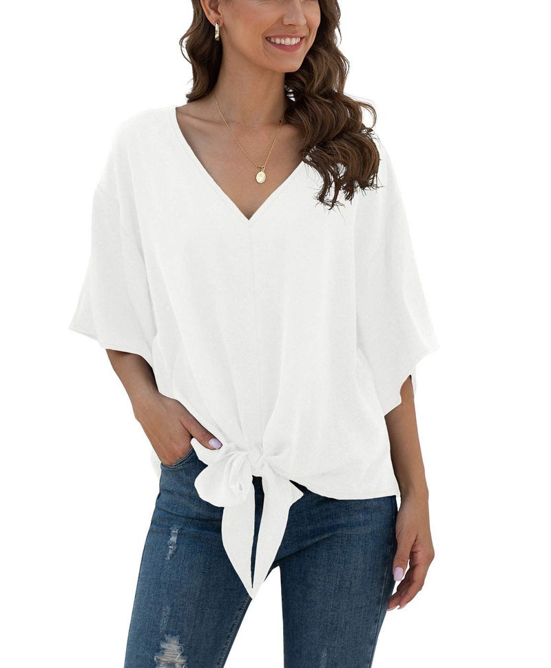 VIISHOW Womens Tie Front Loose Short Sleeve V Neck Floral Blouses Chiffon Tops Summer Shirts, White, X-Large - Image 2